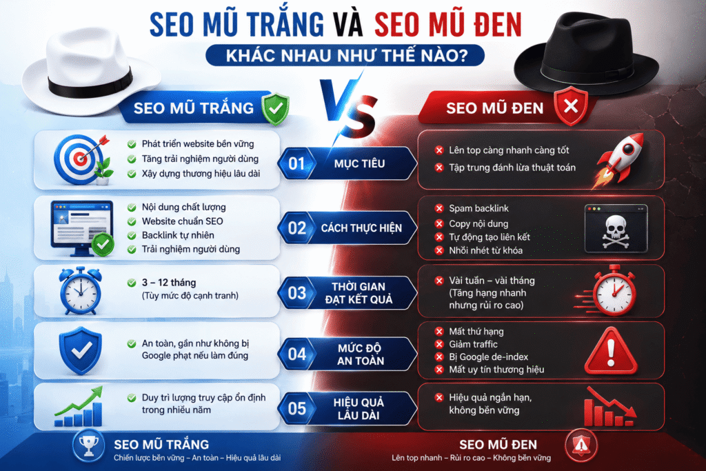 SEO mũ trắng và SEO mũ đen khác nhau như thế nào? Cách lựa chọn chiến lược SEO bền vững cho doanh nghiệp 4 SEO mũ trắng và SEO mũ đen khác nhau như thế nào?