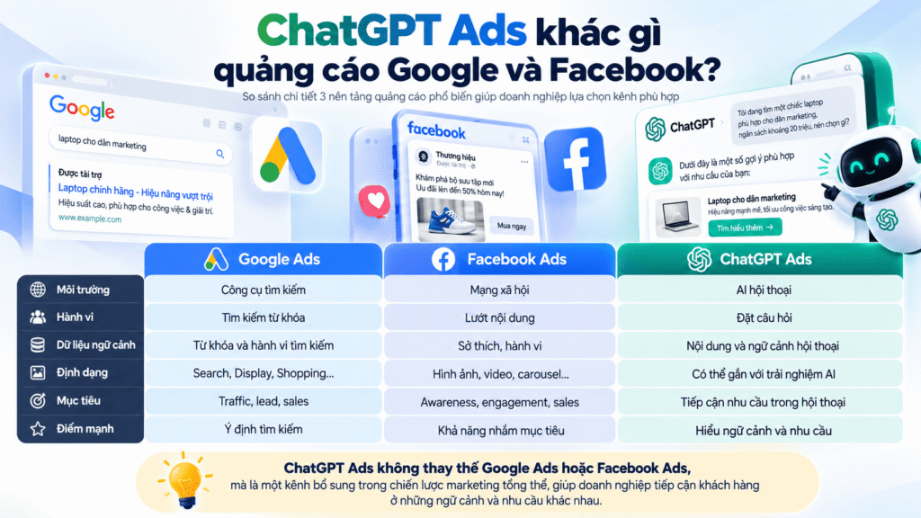 ChatGPT Ads khác gì quảng cáo Google và Facebook?