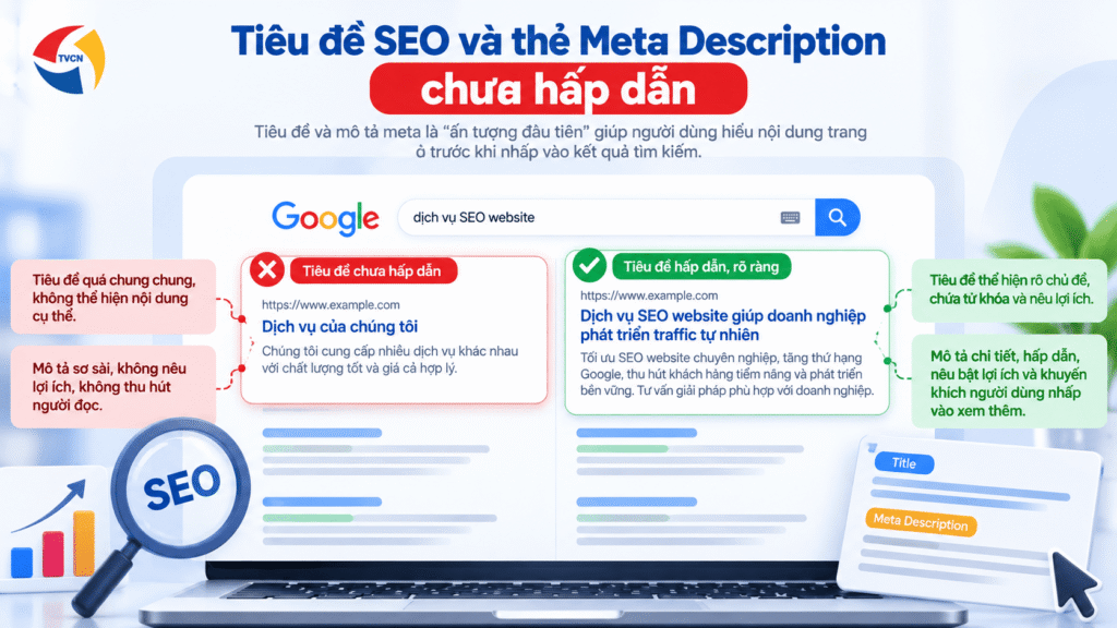 10 lỗi SEO khiến website khó lên Top Google và cách khắc phục 3 Tiêu đề SEO và thẻ Meta Description chưa hấp dẫn